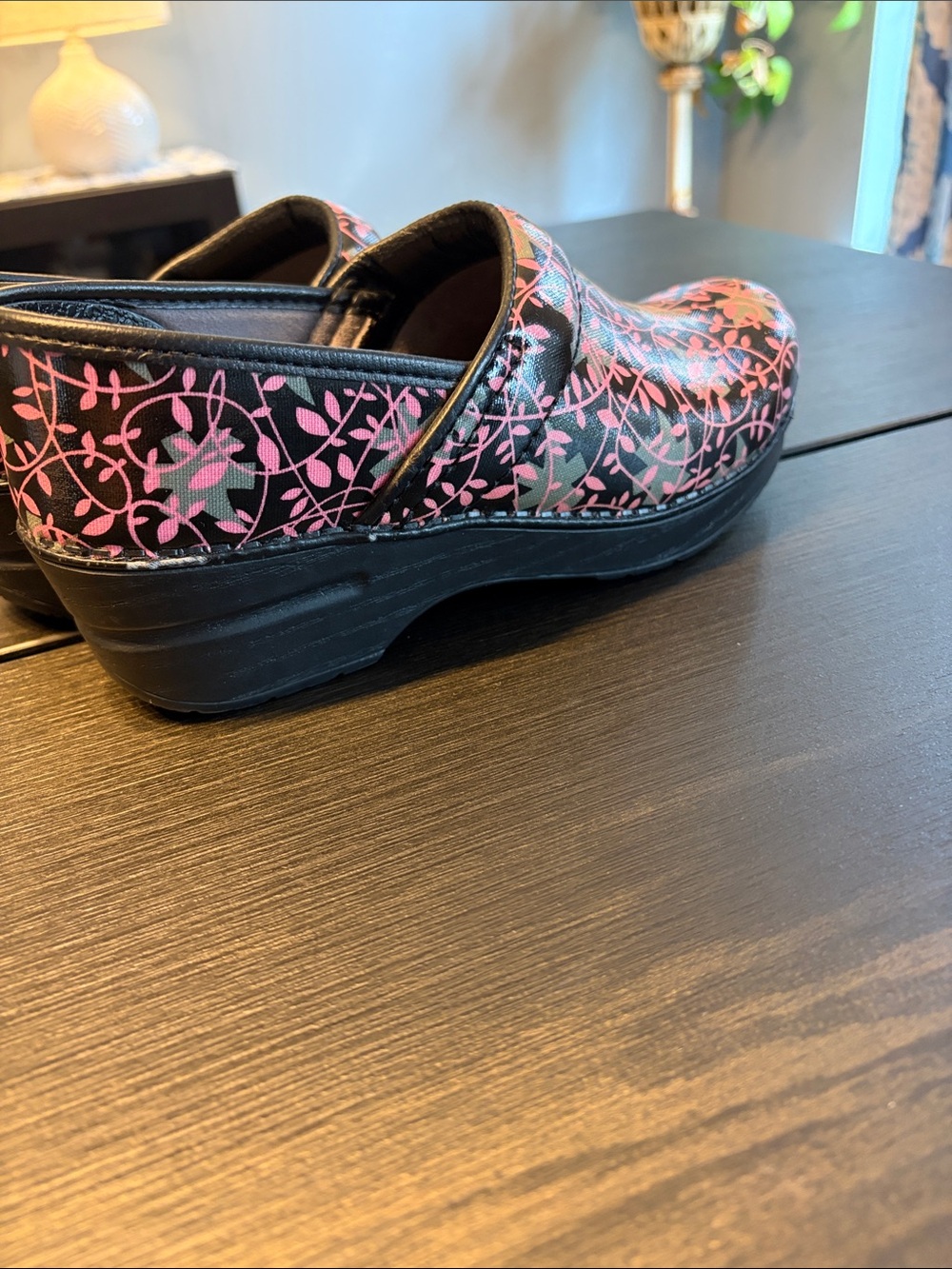 Dansko Vegan Clogs in Black with Pink Floral Pattern - Picture 5 of 7